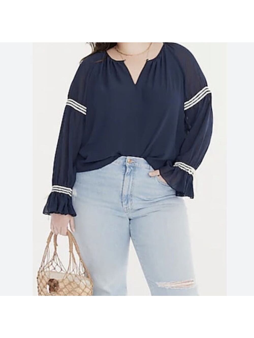 NWT J. CREW Flutter Cuff Crinkle Chiffon Top Blouse Peasant Navy Blue White sz M